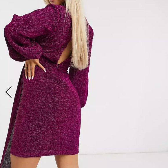 Club London Glitter Plunge Neck Drape Mini Dress Metallic Purple ASOS Bodycon - Picture 4 of 14